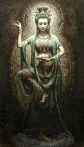 Dream-art Oil painting Chinese Dunhuang Flying Fairy beauty flower canvas 36" - Picture 1 of 1