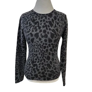 90s Womens Medium Leopard Print Gray Sweater Lambswool Angora Fuzzy Fitted - Picture 1 of 7