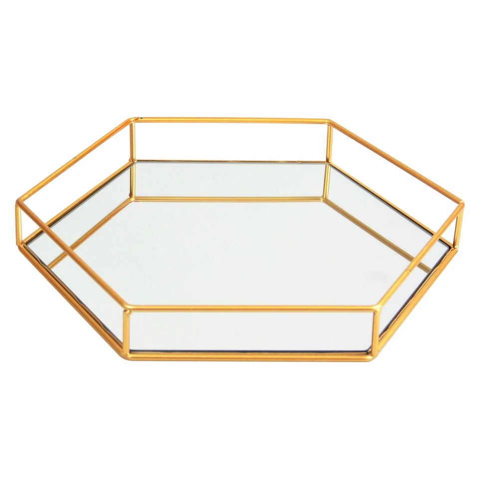 Urban Living Votive Hexagonal Tea Light Candle Tray Mirrored Glass Plate Gold