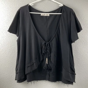 We The Free schwarz Jersey Strick Quaste Tie Crop Wickel Top ausgefranste Kante Rüschen hoch niedrig M - Bild 1 von 8