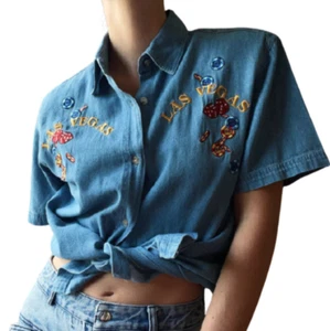 Vintage Las Vegas Bay Beauty Denim Button Down Shirt With Shoulder Pads - Picture 1 of 5