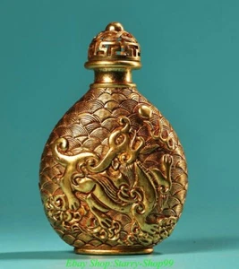 4"Old China Dynasty Copper Gold Gilt Dragon Beast Pattern Snuff bottle Snuff box - Picture 1 of 9