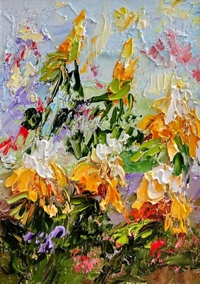 Löwenzahnblumen Ölmalerei 10x15 cm Art Kunst Original Ölgemälde auf Karton - Bild 1 von 4