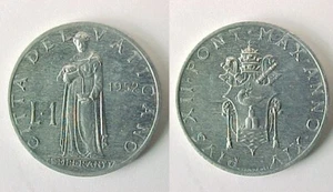 1952 Italy Vatican 1 One Lire Almost Uncirculated - Brilliant Uncirculated AU-BU - Picture 1 of 1
