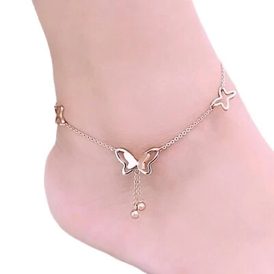 Butterfly Charm Anklet Rose Gold PVD Plate Stainless Steel Ankle Bracelet 8-10IN - Image 1 of 4