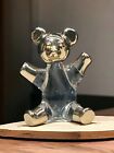 Vintage Teddy Bear Figurine Clear Blown Art Glass Gold Accent Decor 2.25"