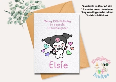 KIRSTYJANE'S INVITES PERSONALISED GREETINGS CARD BIRTHDAY HELLO KITTY KUROMI DAUGHTER GRANDAUGHTER