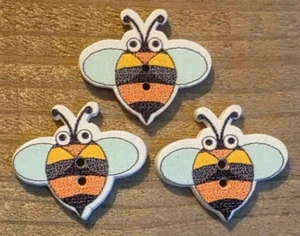 3 Bumble Bee Crafting Buttons Sewing Wood 2 Hole 7/8" - Picture 1 of 2