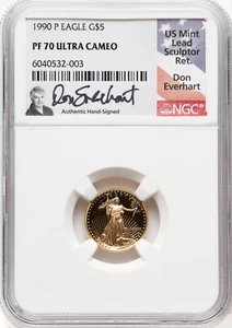 1990-P $5 1/10 oz Gold Eagle NGC PR70 Ultra Cameo Signed Don Everhart Key Date - Picture 1 of 3