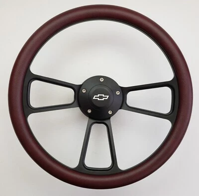 DARK BURGUNDY Half Wrap 14" BILLET BLACK Steering wheel + Adaptor + CHEVY Horn - Bild 1 von 4