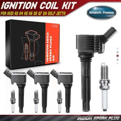 4x Bobina de encendido y 4x Kit de bujías de iridio para Audi A3 A4 A6 Q5 VW Jetta Passat Foto 1 de 4