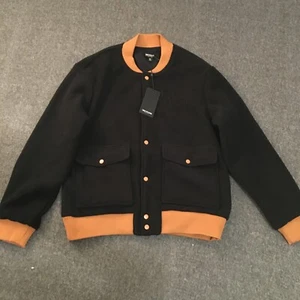 True Religion Mens Jacket Large Black Fleece Bomber Embossed Logo Snap NWT - Picture 1 of 7