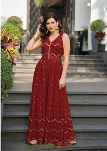 Designer Indian Maroon Faux Georgette Jumpsuit For Women, Indo western Outfit - Picture 1 of 2