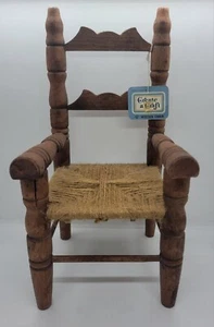 Vintage 12" Wood Doll Arm Chair With Woven Seat Original Tag - Picture 1 of 9