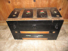 Antique Victorian Flat Top Trunk Black with Roses  LOCAL PICK UP ONLY