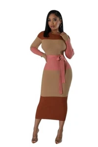 NWT Women's Stretch Long-Sleeve Fitted Midi Sweater Dress Brown S, M, L, XL - Picture 1 of 6