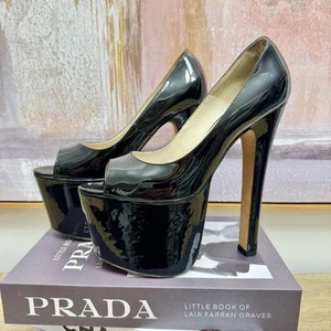 BRIAN ATWOOD ALESHA SKY HIGH PEEP TOE PLATFORM FETISH PUMPS IN PATENT BLACK 36 - Picture 1 of 6