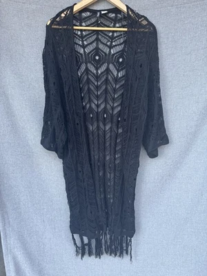 Кардиган вязаный крючком H&M размер Lg черный рукав 3/4 бахрома Whimsygoth Witchy - Изображение 1 из 4