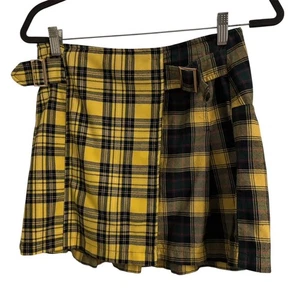 Topshop Tartan Mini Skirt UK 10 Yellow Green Red Check Wrap Pleated Buckle - Picture 1 of 6