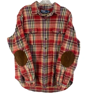 Polo Ralph Lauren uomo XL rosso quadri flanella bottoni camicia toppe gomito vintage - Foto 1 di 7