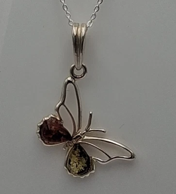 Pendente A Forma Di Farfalla In Argento Sterling 925 Con Ambra Vera – Colorato - Immagine 1 di 4