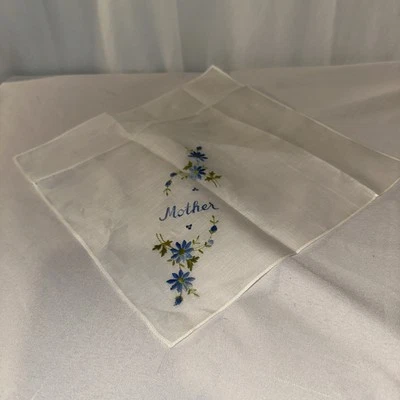 Vtg Cotton Hanky Hankie Handkerchief Pocket Square Mother Hand Embroidered  - Image 1 of 2