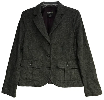 Blazer para mujer Eddie Bauer 12P gris espiga tweed mezcla de lana tres botones Foto 1 de 4