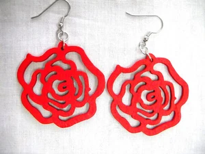 ROSES CANDY APPLE RED CUT OUT ROSE FLOWER SILHOUETTE WOODEN FLOWERS EARRINGS - Picture 1 of 1