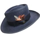 Bruno Calelo Gambler Straw Collection Navy Straw Hat Wide Brim Fedora Feather