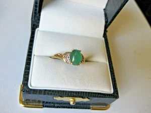 VINTAGE 10K 2-tone YELLOW GOLD RING: CHRYSOPRISE & DIAMONDS - Picture 1 of 6