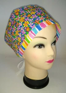 Bright Floral/Stripe Euro Style Cotton Blend Easy Care Scrub Hat/Cap Medical USA - Picture 1 of 8