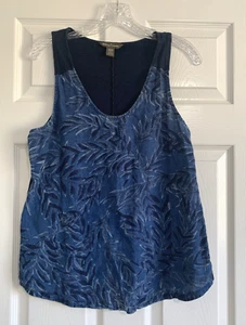 Tommy Bahama Top Womens M Navy Blue Tropical Leaf Sleeveless Tank Linen Blend - Picture 1 of 8