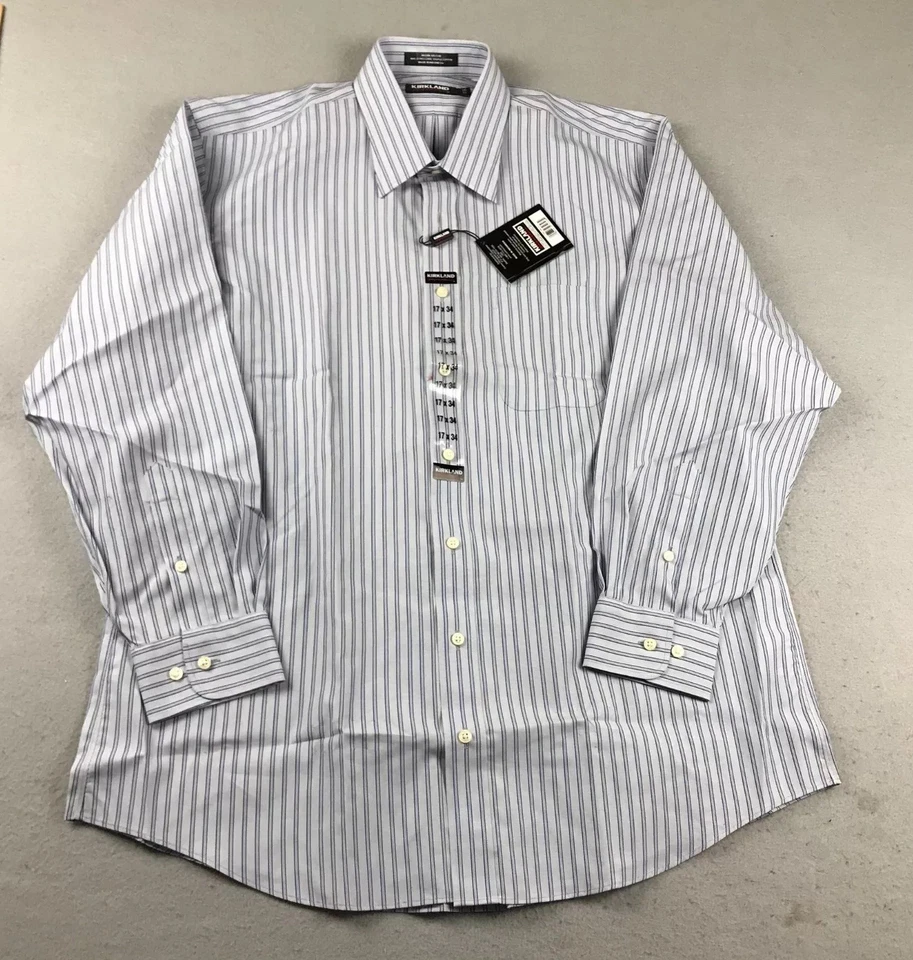 Kirkland Signature Shirt Mens 17 Blue Striped Non Iron Button Up Long Sleeve NWT - Image 1 of 4