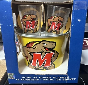 University Of Maryland Four 16 Ounce Glasses 12 Coasters And Metal Ice Bucket - Picture 1 of 1
