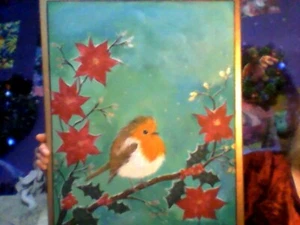 Framed & signed watercolour and acrilic of robin on canvas - Bild 1 von 5