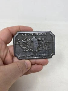 Vintage C & P Telephone Belt Buckle The Spirit of Service Pewter Hit Line USA - Picture 1 of 6