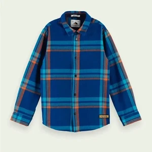 Scotch & Soda Nordic Tale Cotton Checked Button Shirt in Blue Plaid Size 14 Boys - Picture 1 of 16