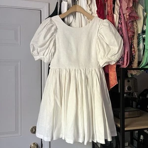 HAPPY BUTTON white linen short puff sleeve babydoll full skirt tie back mini - Picture 1 of 7