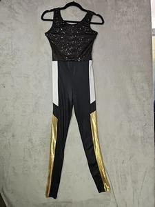 Weissman Dance Costume Bodysuit Black Sequined Shimmering Gold White Sz Adult S - Picture 1 of 7
