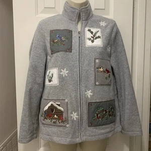 Croft Barrow Small Petite Fleecejacke Urlaub Kardinal Vögel grau durchgehender Reißverschluss - Bild 1 von 10