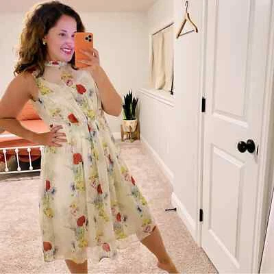 Anthropologie Eri + Ali Cream floral MIDI Dress 6P - Image 1 of 4