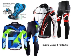 Cycling Jersey &Pants Set Long Sleeve Bike Shirt Uniforms Padded Cycle Trousers - Picture 1 of 14