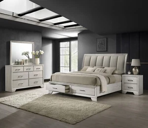 5Pc King Size Platform Storage Platform Bed Set White Cream Finish Solid Wood - Picture 1 of 9