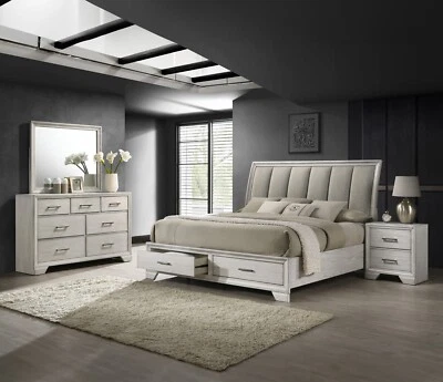 5Pc King Size Platform Storage Platform Bed Set White Cream Finish Solid Wood - Image 1 of 4