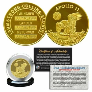Apollo 11 50th Anniversary Armstrong Aldrin Space Medallion Coin 24K GOLD COA - Bild 1 von 1