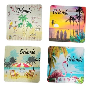 Orlando Cork Metallic Foil Drink Coasters Set 4x Vacation Souvenir Palm Flamingo - Picture 1 of 12