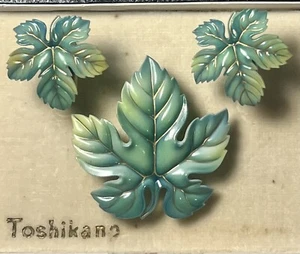Juego de pendientes broche hoja verde porcelana Toshikane caja original - Imagen 1 de 9