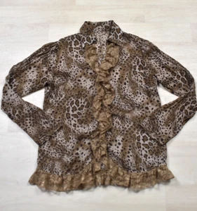Y2K  Leopard Print Waterfall Top Blouse Ruffle Lace Boho Mob Wife VTG 2000s - Picture 1 of 4