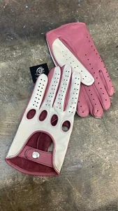 Damen Handarbeit Autofahren Echt Napa Leder Lammfell Handschuhe Rosa & Weiß - Bild 1 von 4