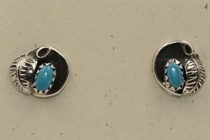 Native American Navajo Made Sterling Silver Leaf & Turquoise Earrings - Picture 1 of 4